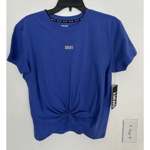 Dkny Sport Women's Metallic Bubble Logo Knot-Front T-Shirt Blue Tee - Picture 2 of 13